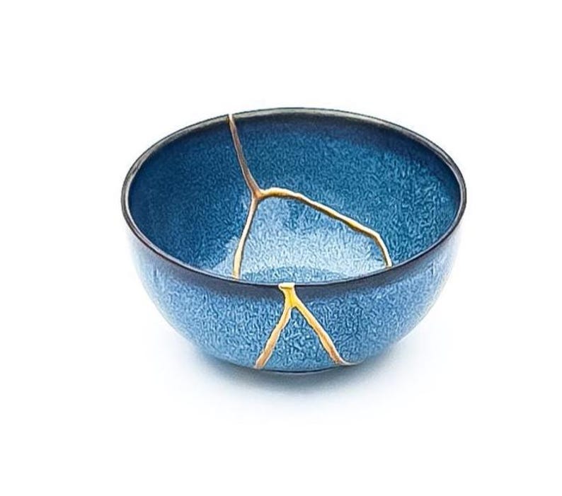 Blue Kintsugi Bowl - Real Kintsugi - Christmas Gift - Jewelry Holder - Jewelry Container -Gold Repair - Kintsugi Pottery - Wabi Sabi 2 Breaks