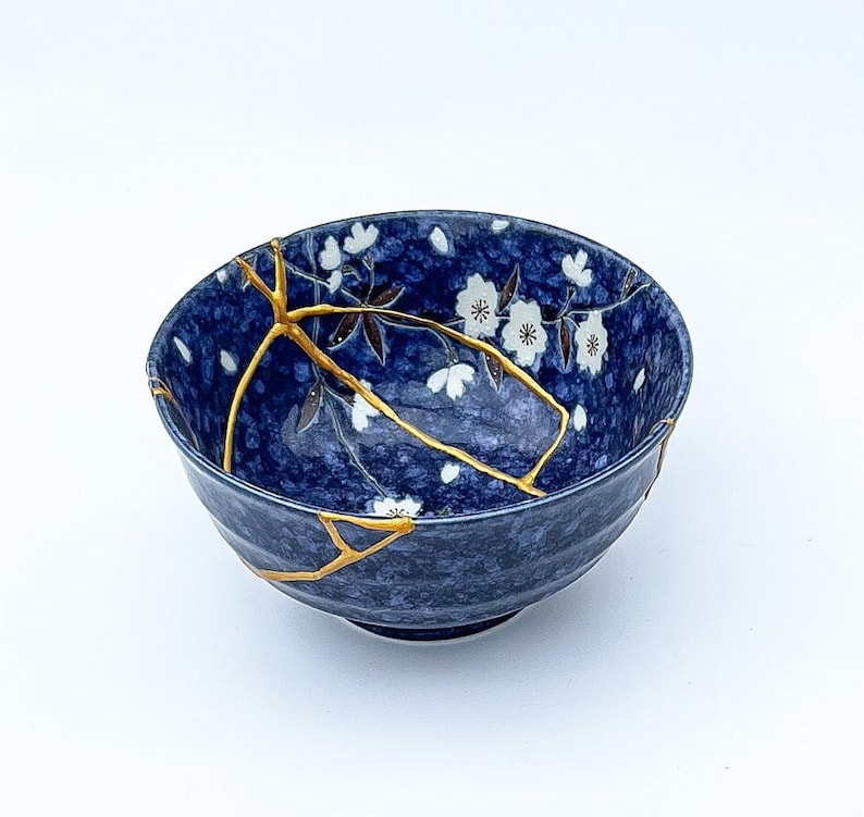 Large Blue Kintsugi Bowl with Cherry Blossoms Gold Repair Anniversary Gift Kintsugi Pottery Japanese Bowl Home Decor Kintsugi Art image 5