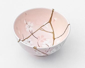 Pink Kintsugi Bowl - Cherry Blossoms -Gold Repair - Anniversary Gift - Blue- Kintsugi Pottery -Japanese Bowl Home Decor -Art - Valentine's