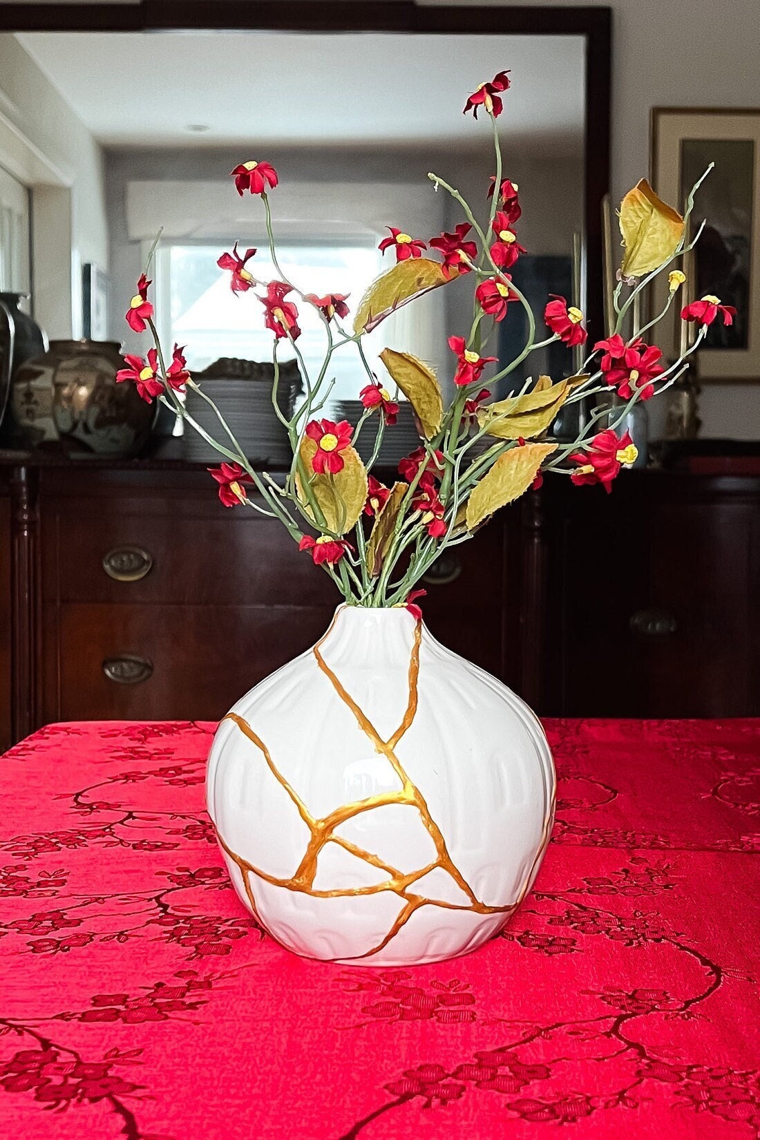 White Kintsugi Vase - Home Decor -gold Repair - Artificial Flowers