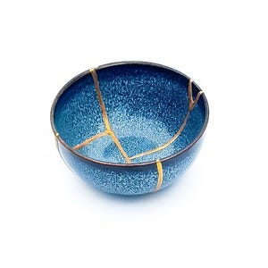 Blue Kintsugi Bowl - Real Kintsugi - Christmas Gift - Jewelry Holder - Jewelry Container -Gold Repair - Kintsugi Pottery - Wabi Sabi image 11