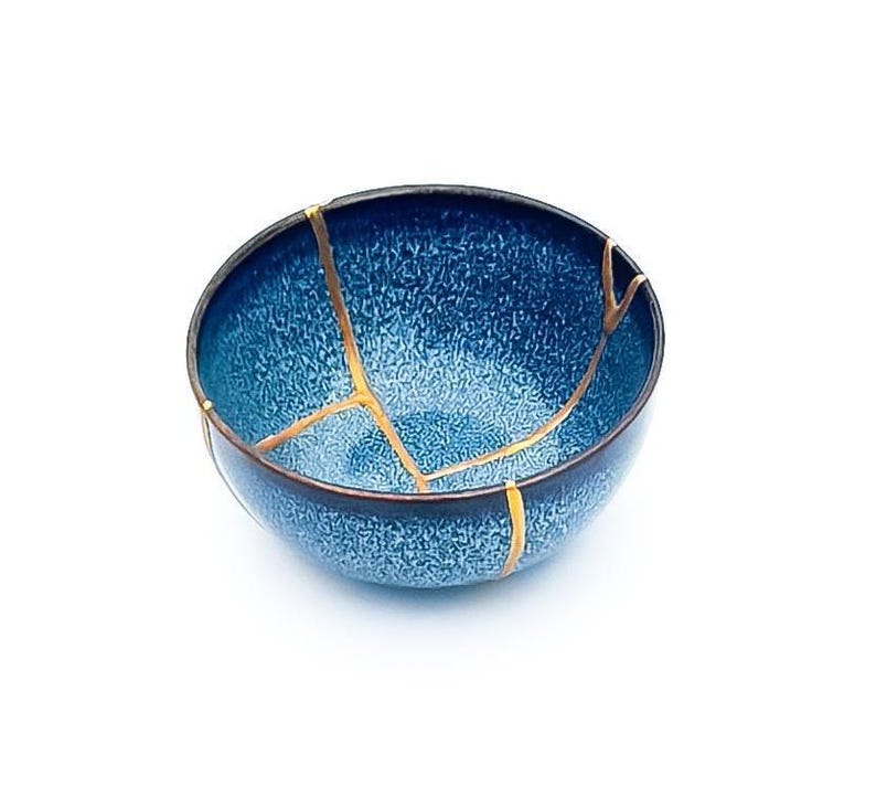 Blue Kintsugi Bowl - Real Kintsugi - Christmas Gift - Jewelry Holder - Jewelry Container -Gold Repair - Kintsugi Pottery - Wabi Sabi image 11