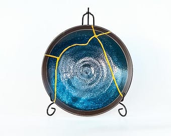 Large Kintsugi Bowl - Real Kintsugi - Kintsugi Plate- Kintsugi Pottery - Christmas Gift - Wabi Sabi -Ocean Blue with Bronze Rim -Yellow