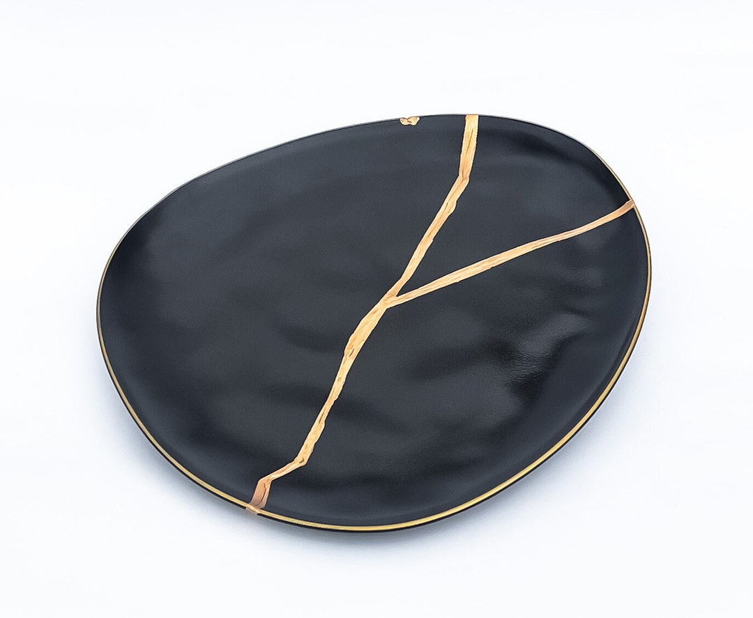 Large Black Kintsugi Plate Black W Gold Repair father's - Etsy