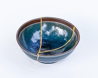 Ocean Blue Real Kintsugi Bowl - Jewelry Holder - Jewelry Container -Gold Repair - Kintsugi Jewelry Holder - Kintsugi Pottery - Wabi Sabi