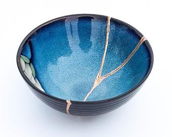 Blue & Black Kintsugi Bowl with Cherry Blossoms -Gold Repair - Anniversary Gift - Kintsugi Pottery  -Japanese Bowl Home Decor -Kintsugi Art