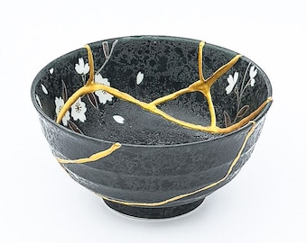 Large Black Kintsugi Bowl - Cherry Blossoms -Gold Repair - Anniversary Gift - Blue - Pink- Kintsugi Pottery -Japanese Bowl Home Decor -Art
