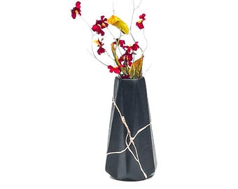Black Kintsugi Vase - Ceramic- Black & Gold - Kintsugi Flowers - Kintsugi Pottery - Broken then Repaired Perfect Sobriety or Christmas Gift