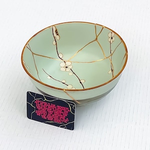 Large Blue Kintsugi Bowl with Cherry Blossoms Gold Repair Anniversary Gift Kintsugi Pottery Japanese Bowl Home Decor Kintsugi Art Turquoise