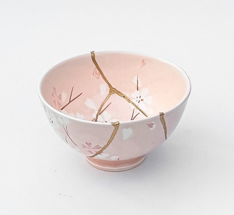 Große Kintsugi Schüssel Rosa Kintsugi Schüssel Kirschblüten Goldreparatur Geburtstagsgeschenk Blau Kintsugi Keramik Japanische Schüssel Wohnkultur Kunst Small Pink 2 Breaks