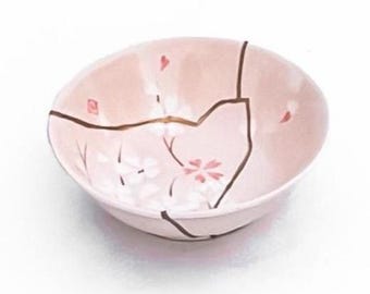 Pink Kintsugi Bowl - Cherry Blossoms -Gold Repair - Anniversary Gift - Blue- Kintsugi Pottery -Japanese Bowl Home Decor -Art - Valentine's