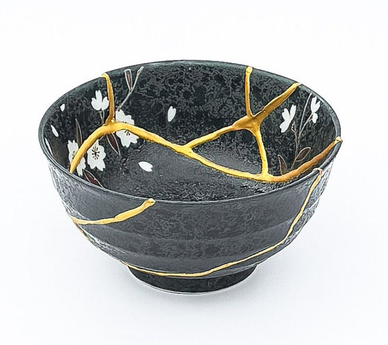 Large Blue Kintsugi Bowl with Cherry Blossoms Gold Repair Anniversary Gift Kintsugi Pottery Japanese Bowl Home Decor Kintsugi Art Black