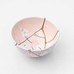 Pink Kintsugi Bowl - Cherry Blossoms -Gold Repair - Anniversary Gift - Blue- Kintsugi Pottery -Japanese Bowl Home Decor -Art