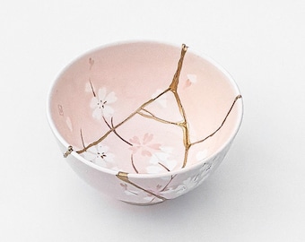 Large Pink Kintsugi Bowl - Cherry Blossoms -Gold Repair - Anniversary Gift - Blue- Kintsugi Pottery -Japanese Bowl Home Decor -Art