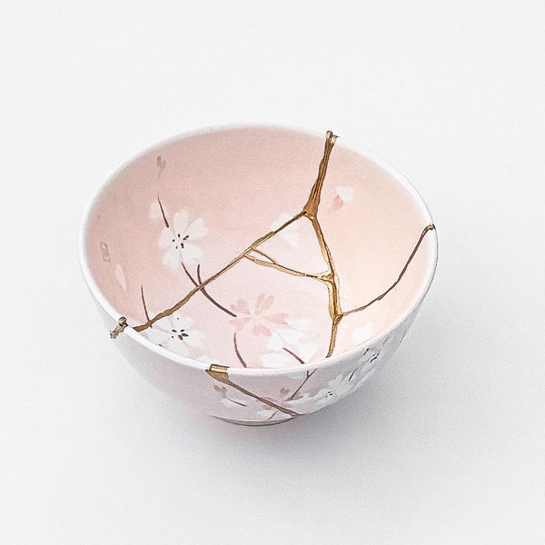 Large Pink Kintsugi Bowl - Cherry Blossoms -Gold Repair - Anniversary Gift - Blue- Kintsugi Pottery -Japanese Bowl Home Decor -Art