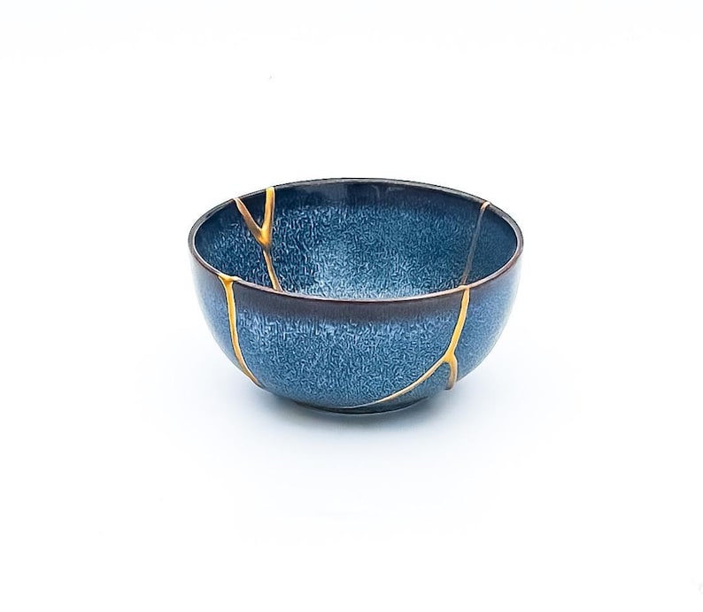Blue Kintsugi Bowl - Real Kintsugi - Christmas Gift - Jewelry Holder - Jewelry Container -Gold Repair - Kintsugi Pottery - Wabi Sabi image 9