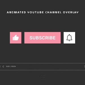以下が含まれることがあります： 3つのボタンが付いたアニメーションのYouTubeチャンネルオーバーレイ。いいね、ピンクの「チャンネル登録」ボタン、通知ベルです。