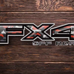 Ford FX4 Series ( Maverick, Ranger, F150, F250, F350) Off Road Truck Bed Side 4WD Decal Set (2) Red Camo