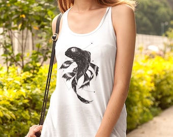 Cosmic Koi - Women's Racerback Tank Top with Moon Drawing - Koi Fish Tank Top - Space Animal Art - Novelty Tank Top