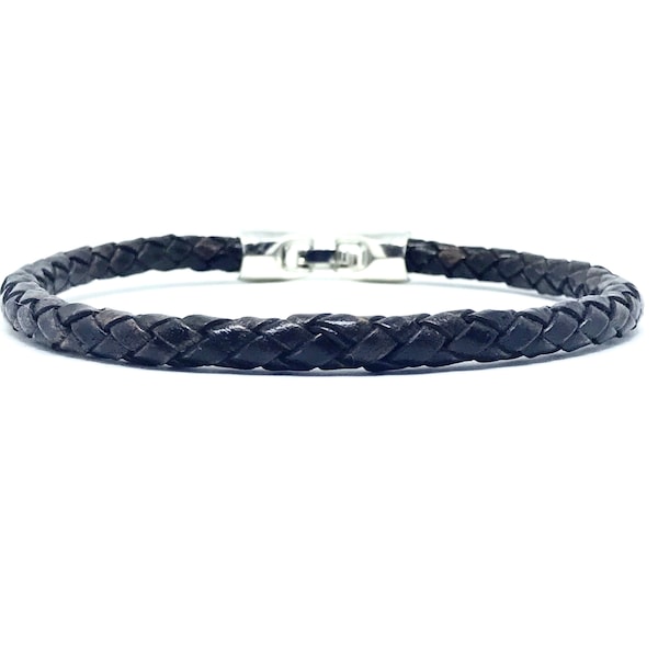 Bracciale uomo intrecciato in pelle nera con chiusura zamak, regalo del marito, regalo per lui, regalo per il fratello, regalo degli uomini di San Valentino, giorno della vittoria