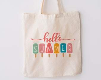 Hello Summer Tote Bag, Natural Canvas Tote, Summer, Beach, Gift, Shopping Bag, Beach Bag, Fun, Popsicles, Gifts Under 20