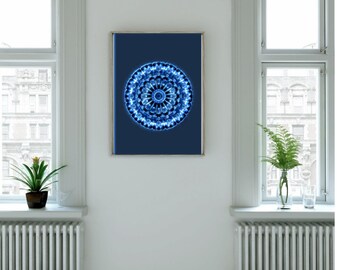 Neon mandala digital download, print at home, blue wall deco, printable gift home decor and gifts