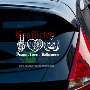 Peace, love and Halloween decal/ Halloween/ spooky decal/ spooky car decal/ Halloween decal / water bottle decal/ spooky/ goth/ spooky life