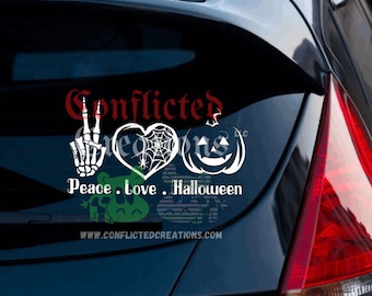 Peace, love and Halloween decal/ Halloween/ spooky decal/ spooky car decal/ Halloween decal / water bottle decal/ spooky/ goth/ spooky life