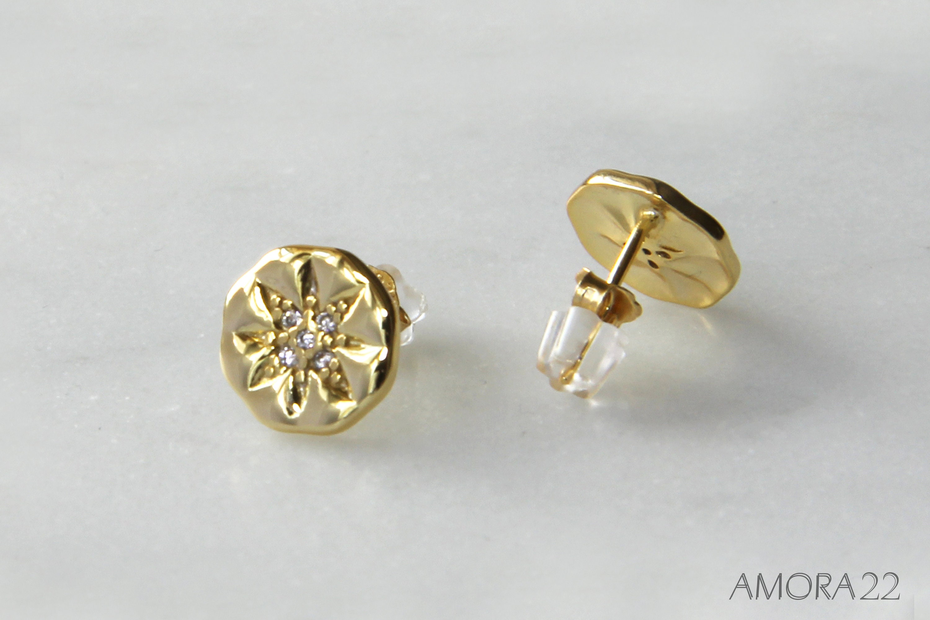Gold Round Stud Earrings 18K Gold Plated 925 Sterling Silver Etsy