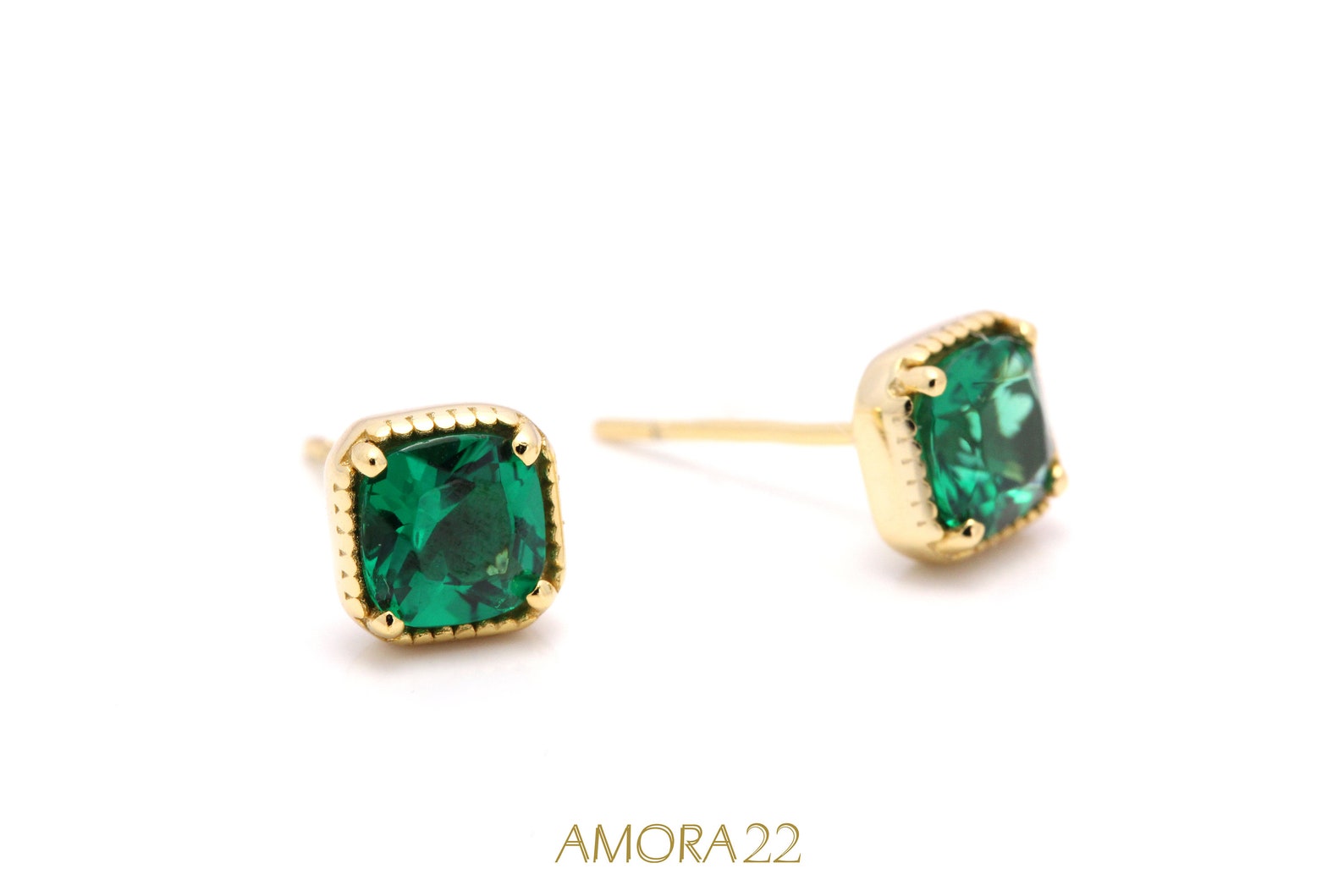 Emerald Green Gold Stud Earrings 18K Gold Plated 925 Sterling Etsy