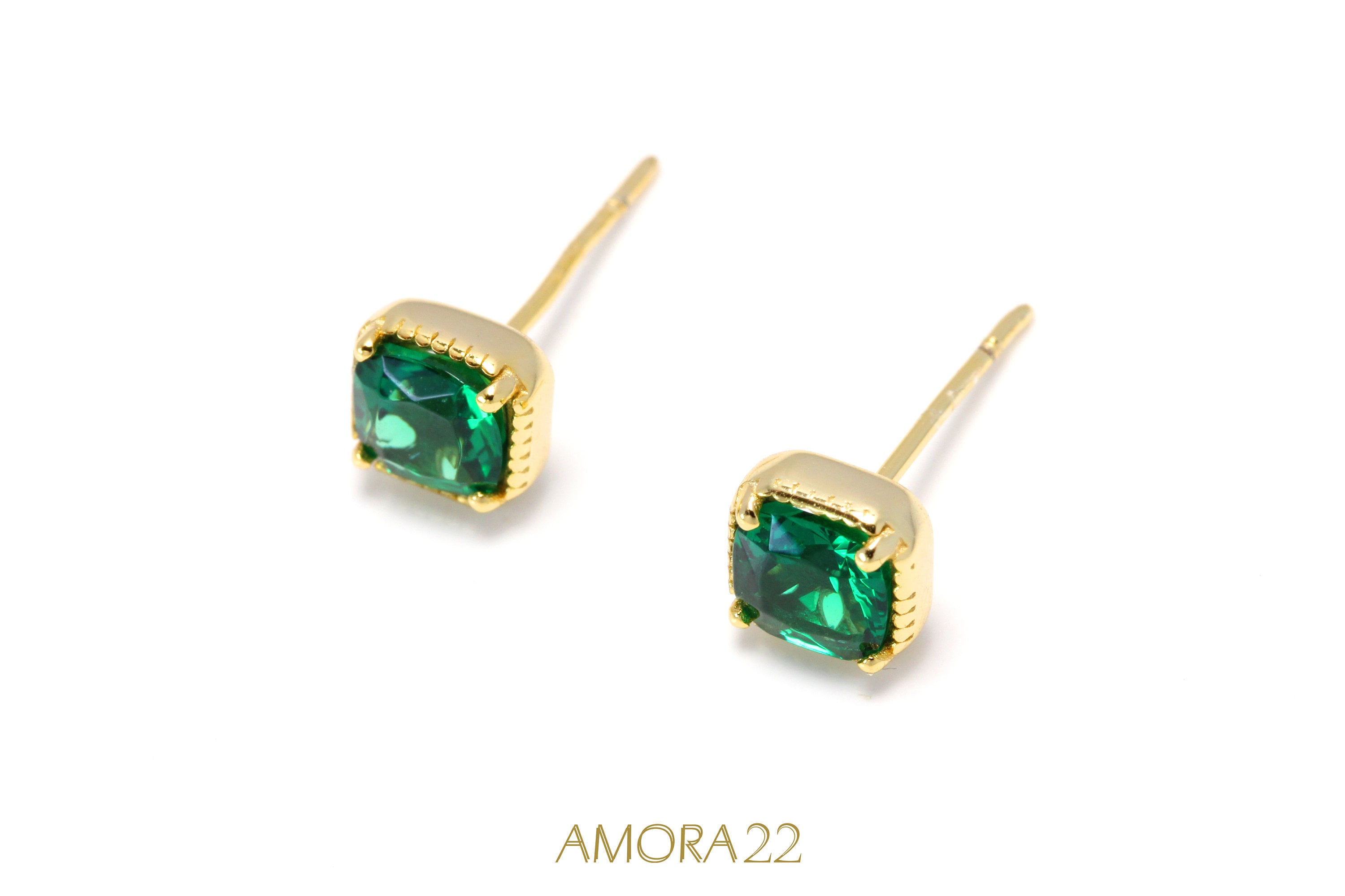 Emerald Green Gold Stud Earrings 18K Gold Plated 925 Sterling Etsy