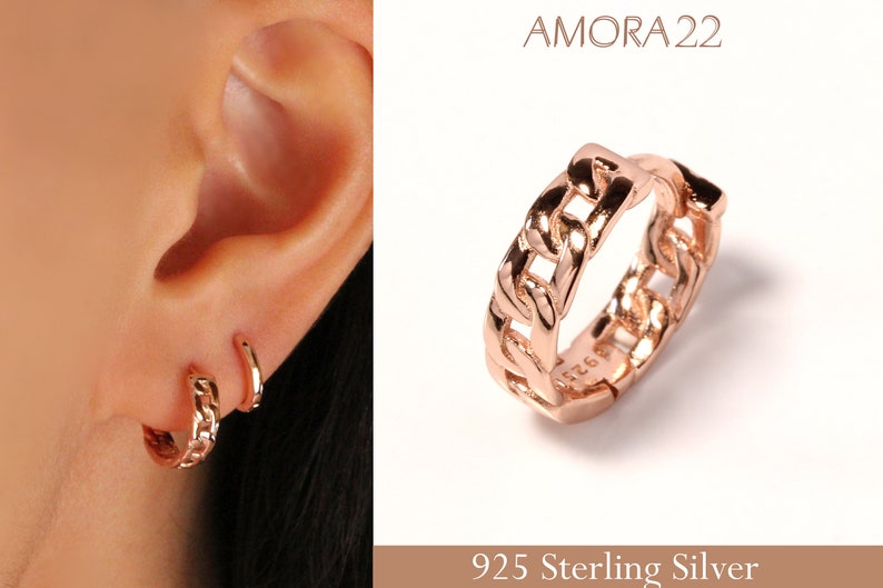 Rose Gold Chain Link Hoop Earrings Rose Gold Plated 925 Etsy