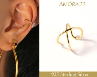 Plain Gold Cross Ear Cuff, 18K Gold Plated 925 Sterling Silver Ear Climber, Ear Wrap Cartilage Hoop, Tiny Simple Ear Cuff, No Piercing