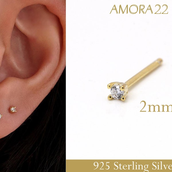 Tiny CZ Gold Stud Earrings, 18K Gold Plated 925 Sterling Silver Small Mini CZ Crystal Stud Earrings, 2mm Teeny Tiny Minimalist Stud Earrings