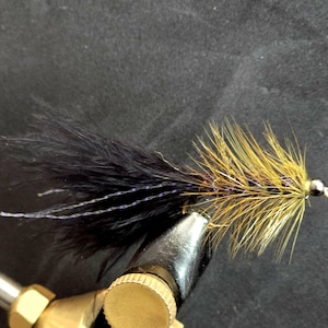 May include: A close-up of a fishing fly, featuring a black feather tail and a golden-brown body. The fly is meticulously crafted with fine materials and has a silver bead head. It is held in a vise, ready for angling.