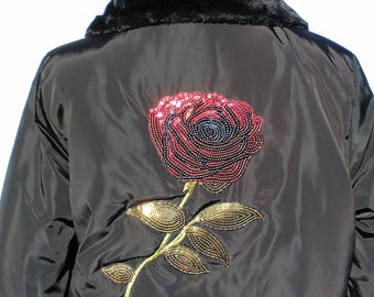 Faux fur plush collar sequin rose black bomber jacket