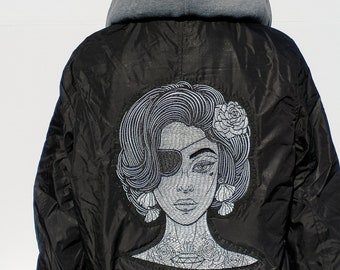 Black bomber jacket w hood Tattooed Lady