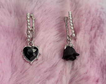 Black Heart Rose Asymmetric Drop Stud Post Earrings
