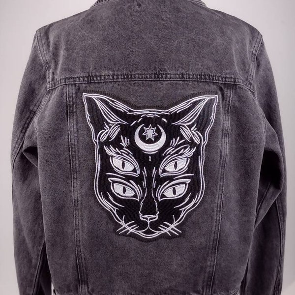 Black Cat Moon Studded Denim Jacket