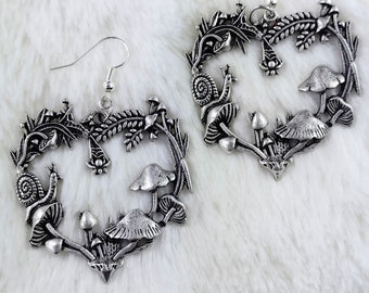Cottagecore Heart Forest Garden Witchy Botanical Dangle Drop Ear Wire Hook Earrings