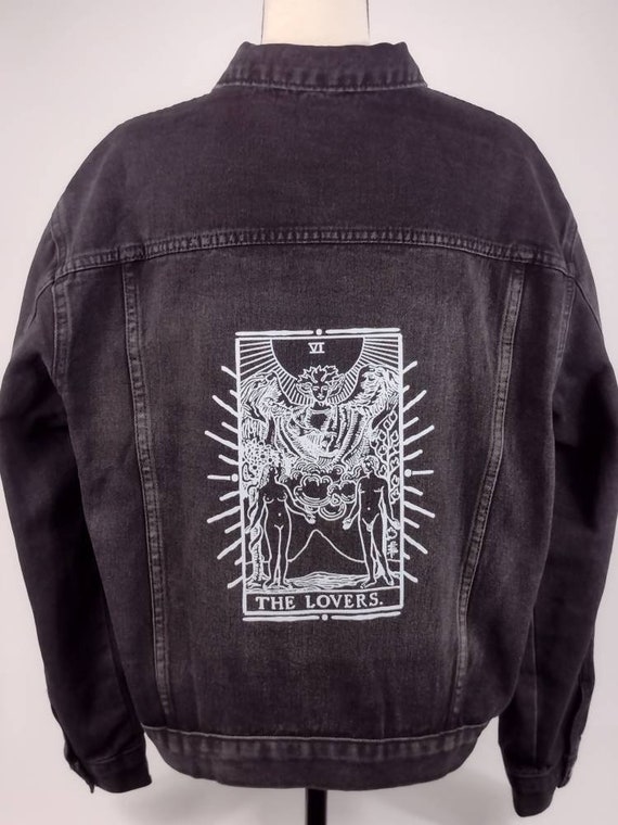 The Lovers Tarot Card Black Light Blue Denim Jacket Oversized