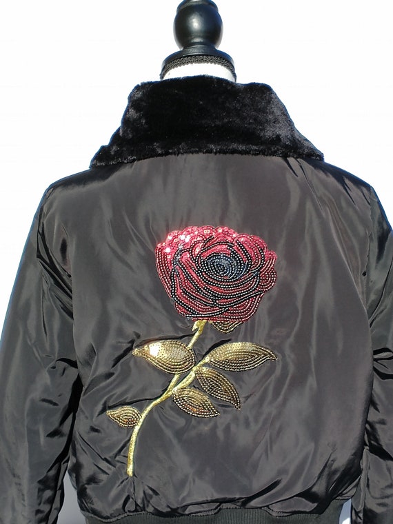 Faux fur plush collar sequin rose black bomber jacket