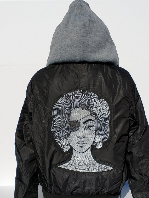 Black bomber jacket w hood Tattooed Lady