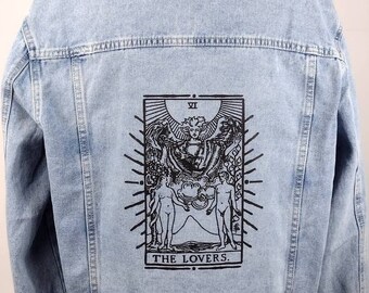 The Lovers Tarot Card Black Light Blue Denim Jacket oversized unisex fit