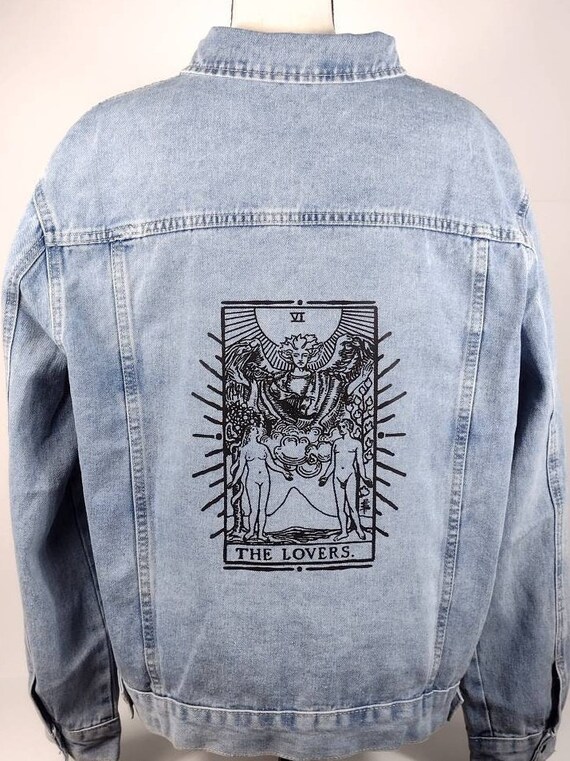 ジャケット・アウター taro The Lovers Tarot Card Black Light Blue Denim Jacket Oversized