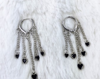 Black Hearts Tassel Dangle Drop Leverback Earrings