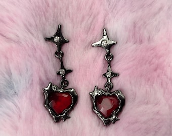 Metallic Red Heart Stars Dangle Stud Post Earrings