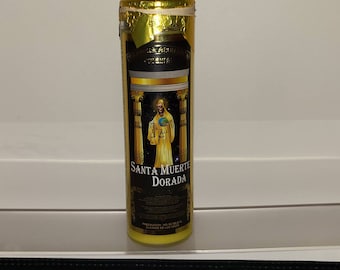 Veladora santa muerte dorada original para el dinero preparada y lista para altar o uso personal