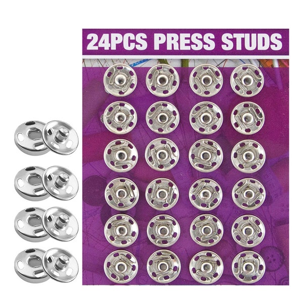 24 Pack Rust Proof  Press Studs Poppers Snap Fasteners Sewing Craft Metal Silver Nickel Size 24 Piece Set For All Sewing Projects & Crafts