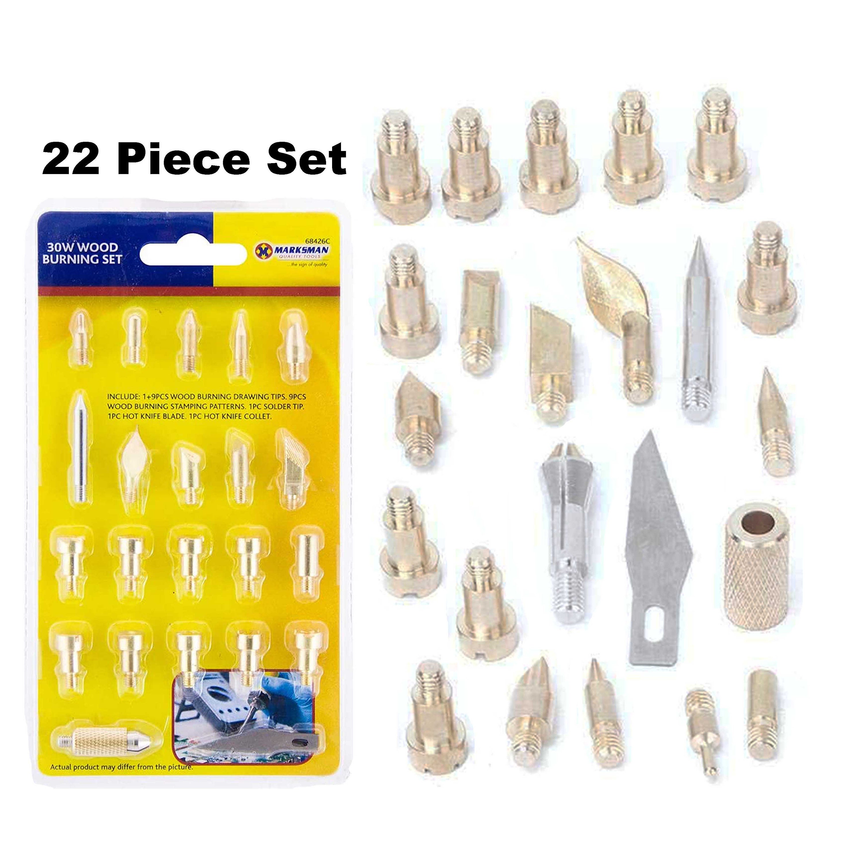 22 Piece Set Accessories for 30W Pyrography Pen Wood Burning Burner  Stamping Patterns Drawing Tips Hot Knife Collet & Blade Solder Tip Kit 